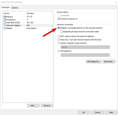 An arrow pointing to the Bridged: Connected directly to the physical network option in the Network Adapter tab in the VM settings. 